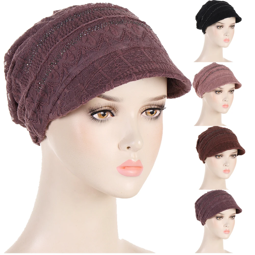 Fashion Lace Diamond Women Baseball Cap Soft Beanies Hair Loss Bonnet Hat Skullies Casual Hip Hop Visor Berets Headwear Turbante