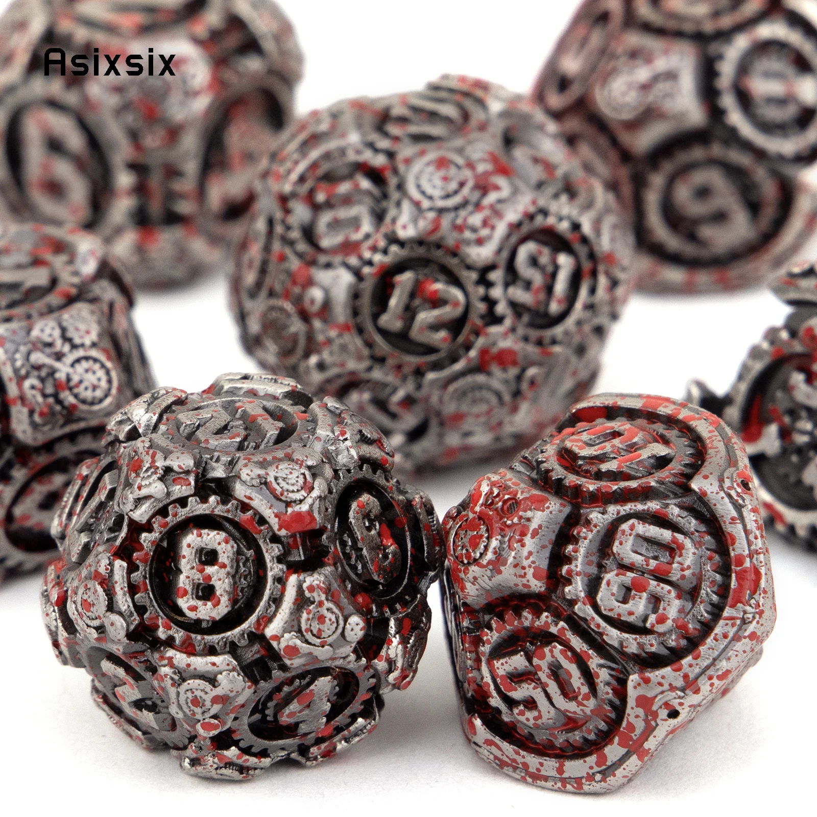 7 Pcs Silver Red Gear Wheel Metal Dice Solid Metal Polyhedral Dice Set Suitable for Role-Playing RPG  Board Game Card Game