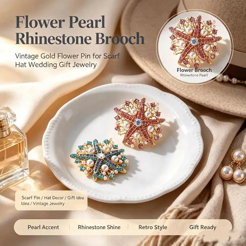 Sparkly Rhinestone Faux Pearl Starfish Brooch Set Gold Plated For Wedding Party Daily Wear