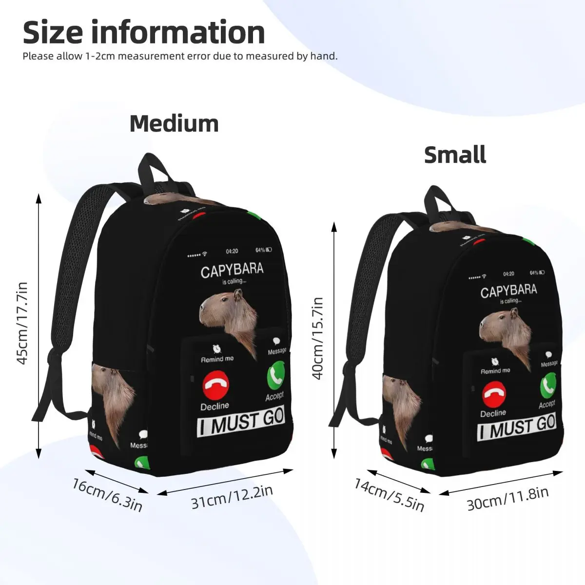 Capybara Is Calling Backpack for Boy Girl Kids Student School Bookbag Daypack Kindergarten Primary Bag Lightweight