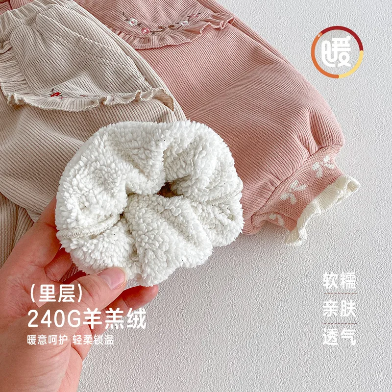 Girls Velvet Drawstring Pants 2025 New Winter Baby Korean Embroidered Casual Pants Children's Thick Western-style Sanitary Pants