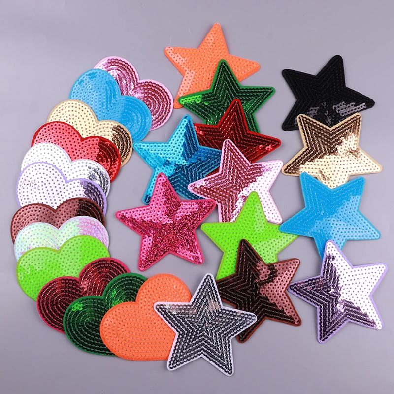 5PCS Sequins Five-Pointed Star/Heart Love Sequins Iron On Embroidered Patches For Clothing Jackets Hats Sewing Stickers Badge