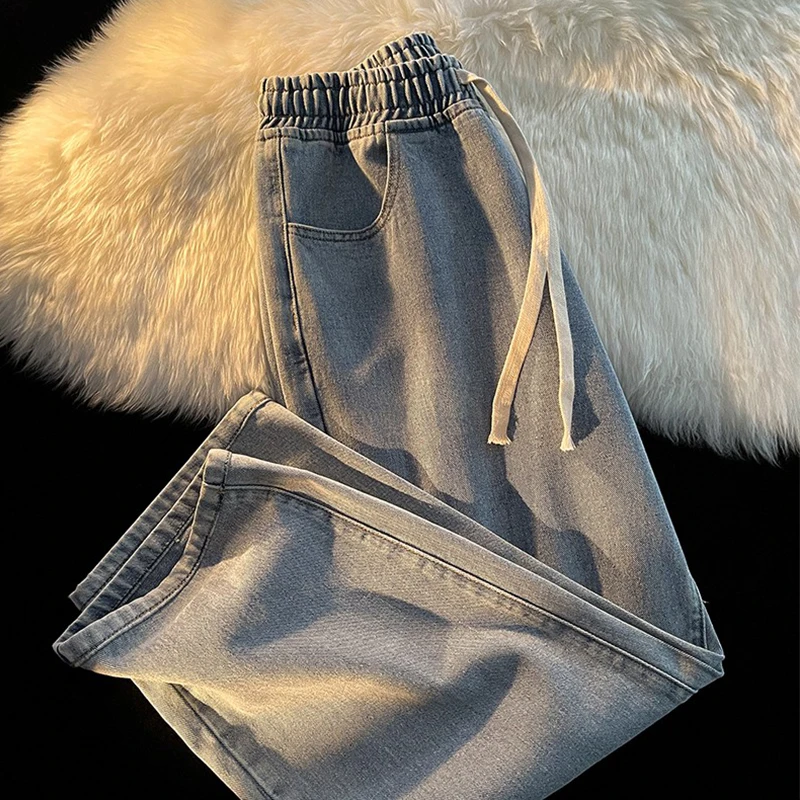 

Retro Blue Elastic Waist Straight Leg Jeans Women's Wide Leg Pants Summer Student Drawstring Loose Slimming Trousers