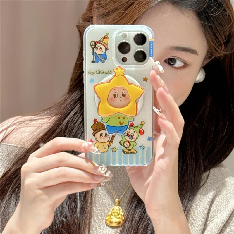 

Korean Cute Cartoon Star Magnetic Phone Case For iPhone 16 Pro 14 15 Pro Max 13 Cover with Holder Cases For Magsafe