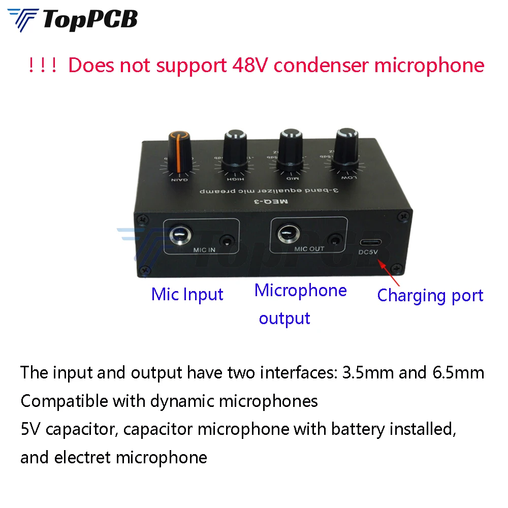 MEQ3 3-Band Equalizer Mic Preamp Treble Mid Bass Gain Adjustable Type-C 5V Rechargeable Speaker Microphone Power Amplifier Board