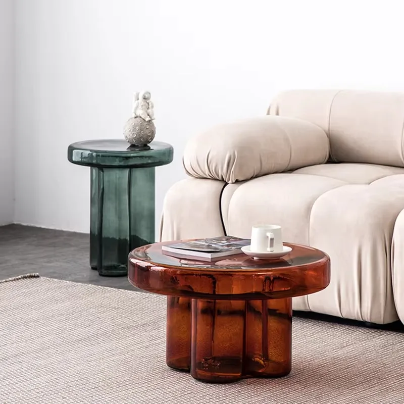 

Small Round Table Living Room Green Orange Tempered Glass Combination Movable Creative Coffee Side Table