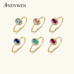 ANDYWEN 100% 925 Sterling Silver Gold Anillo Roseton Aguamarina Blue Champagne Zircon Women Luxury Fine Jewelry Crystal Jewels