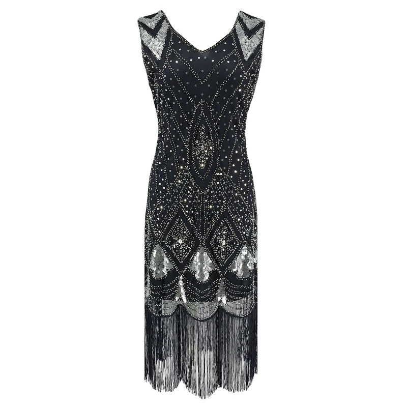 

Great Gatsby Dress 1920s Flapper Dress Vintage Evening Party Gown Embellished Sequin Tassel Midi Dress