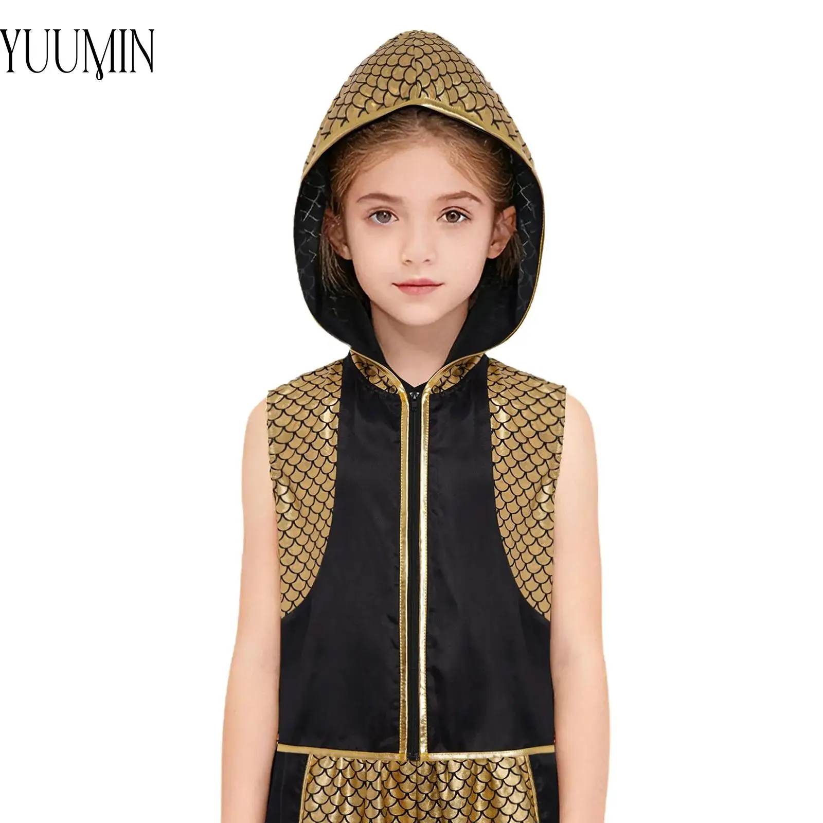 

Kids Boys Girls Boxing Training Costume Metallic Fish Scale Boxing Vest Sleeveless Zipper Fashion Boxer Hooded Tops Sportswear