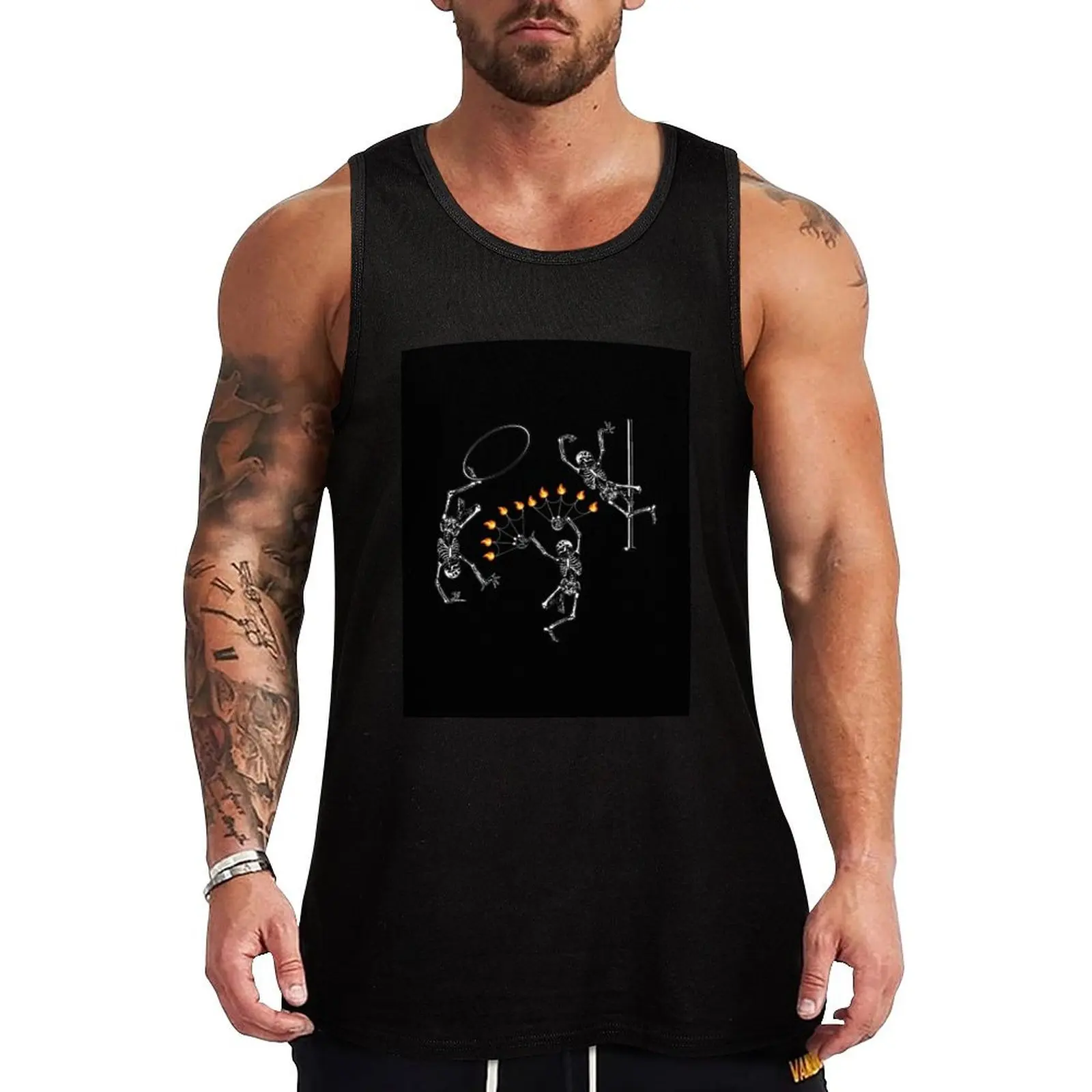 Dancing Flow Arts Skeletons Staggered Halloween Hula Hoop, Fire Spinning, Pole Dance, Circus Arts Tank Top Men gym sportswear