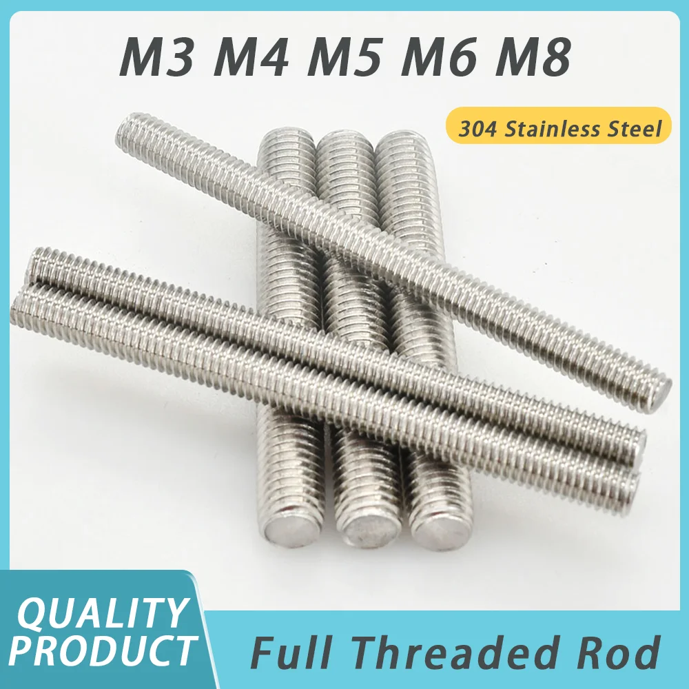 304 Stainless Steel Full Threaded Rod Bolt M3 M4 M5 M6 M8 Length 16-300mm Fully Metric Headless Bolt Thread Stud Rods Screws