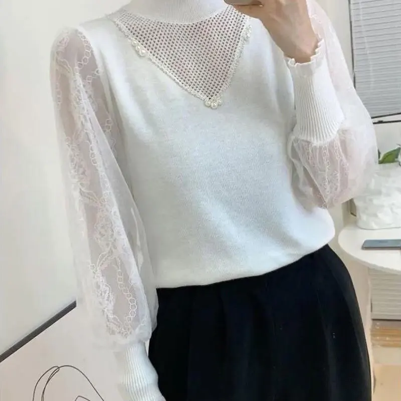 Elegant Solid Color Long Sleeve Beading Blouse Female Clothing Gauze Lace Stylish Spring Autumn Spliced Half High Collar Shirt