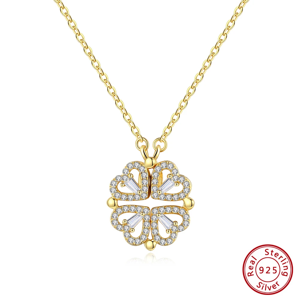 

925 Silver Lucky Four-leaf Clover Necklace Women Magnet Heart Pendant Necklace Clavicle Chain Wedding Jewelry Anniversary Gift