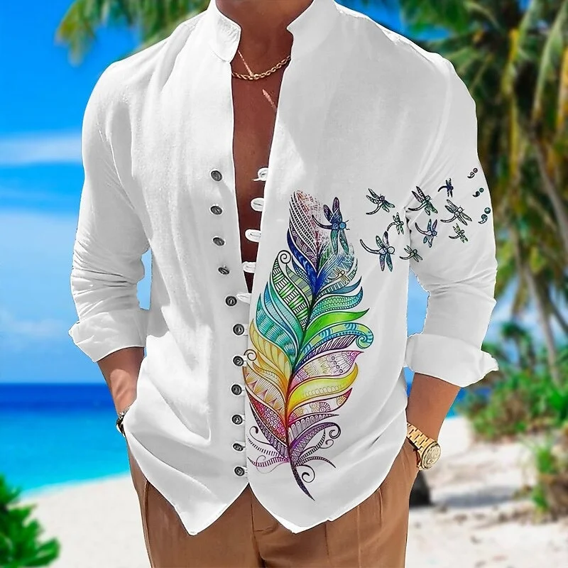 

Новая мужская рубашка с длинными рукавами, красно-белая, с градиентным эффектом водной ряби, 3D-печатью, воротником-стойкой и застежкой, повседневная.