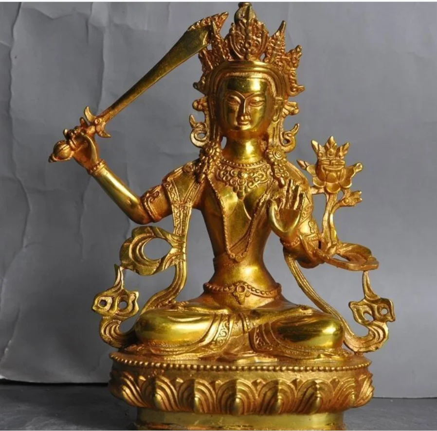 

21CM 8"Old Chinese buddhism bronze gilt Manjushri hold sword Kwan-Yin Guan Yin statue