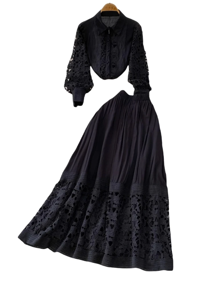 Autumn Skirt Sets Women Clothing Elegant 2-Piece Set Patchwork Lace Blouses High Waist Hollow Out Long Skirts Suit Summer Outfit