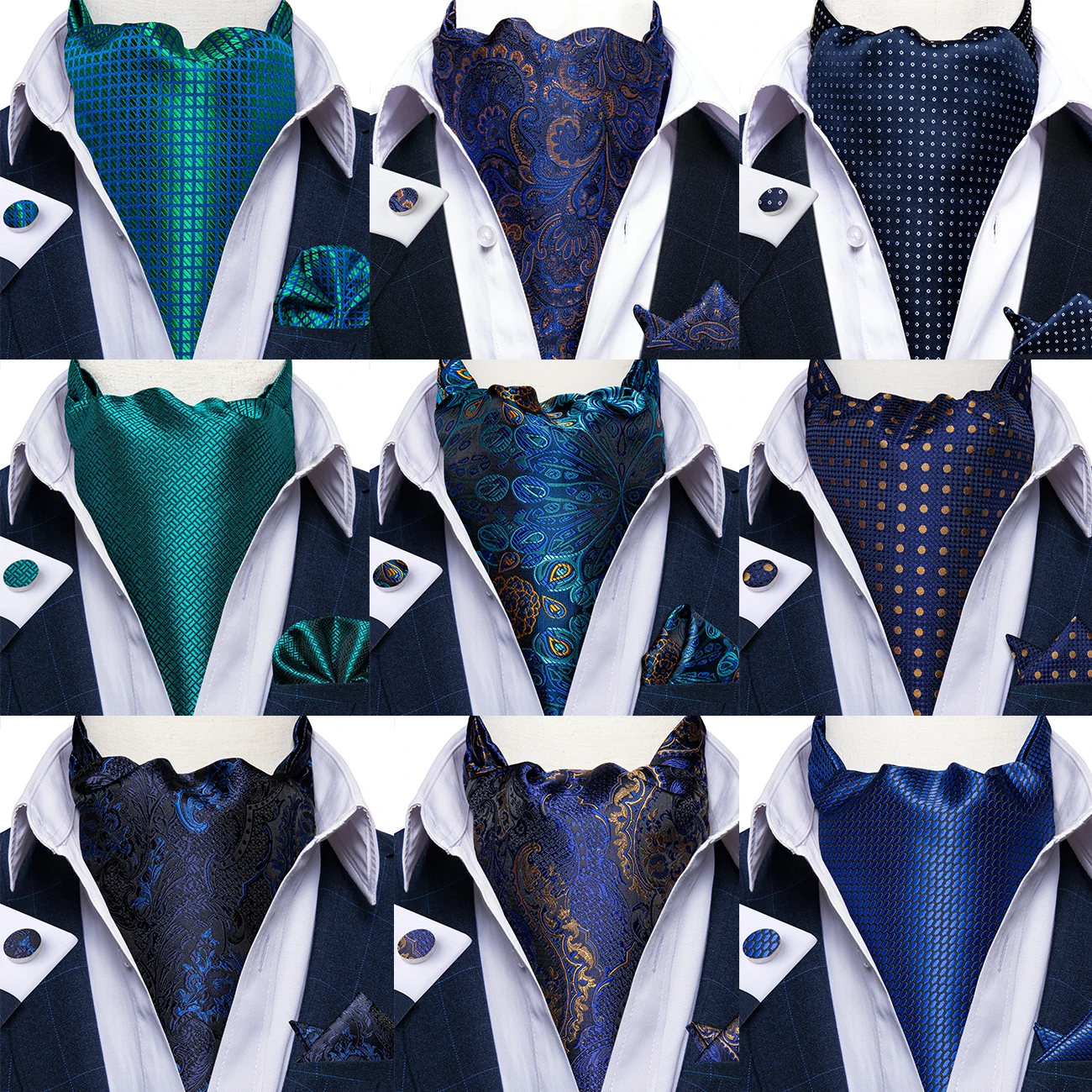 Dibangu 100% seda azul ascots gravatas para homem paisley cravat para homem casamento jacquard tecido masculino gravata e bolso quadrados conjuntos