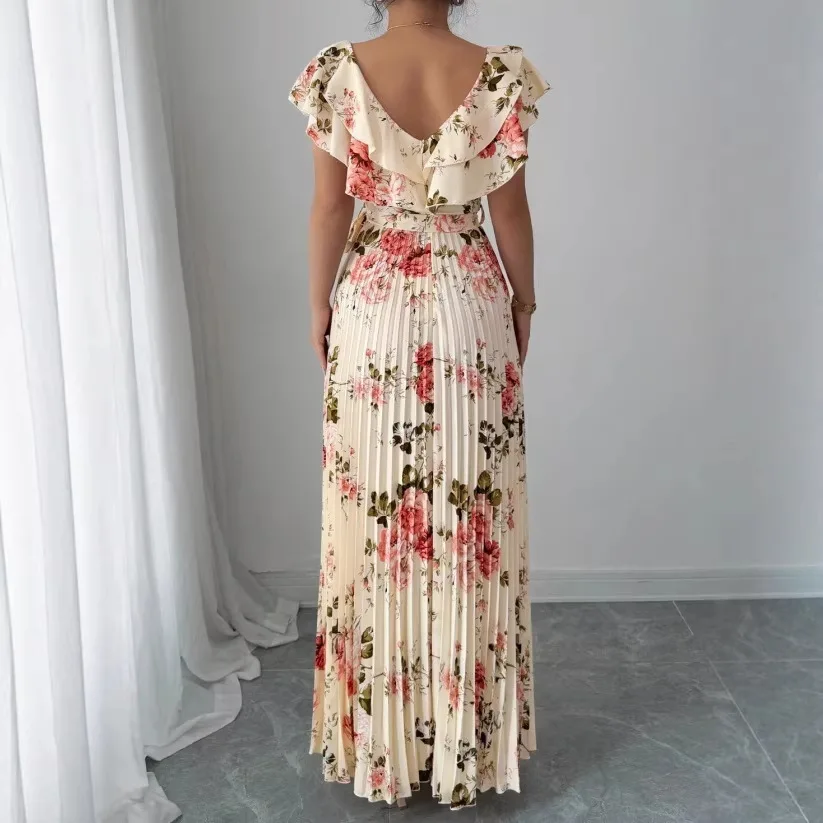 European American summer women's dress new fashion print ruffle pleated dress bohemian vacation beach long dress Female Vestidos