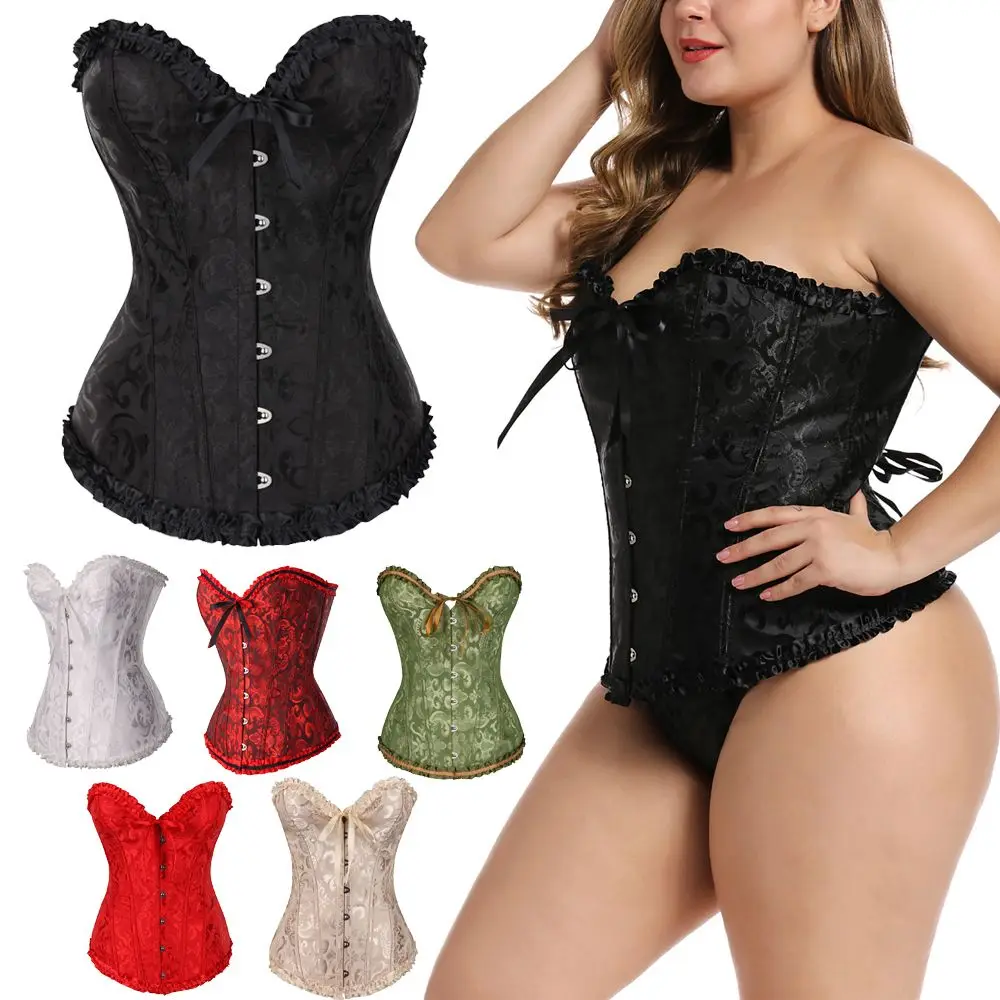 Women Sexy Gothic Satin Corset Bustier Top Brocade Stays Waist Shaper Overbust Boned Corset Top Lace-Up Costume Fancy Dresses