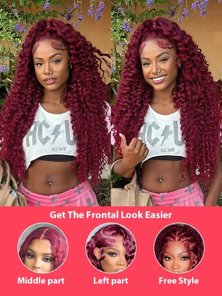شعر الإنسان 99J بورجوندي 30 بوصة موجة عميقة الدانتيل شعر مستعار أمامي 13x4 أحمر مجعد الدانتيل الباروكات الأمامية HD المياه غريب البرازيلي
