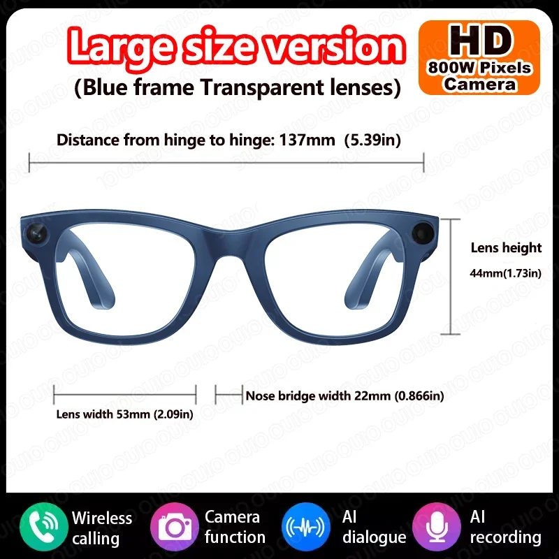 1080P HD 800W Camera Smart Glasses Video Record Translation AI Smart Touch Control Type-C Interface Smart Glasses Bluetooth Call