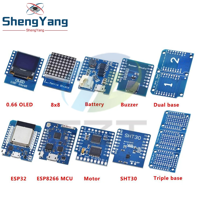 Esp8266 D1 Mini Pro Wifi Nodemcu Data Logger Shield Ds1307 Battery 0.66 Oled Dc Power Buzzer V1.0.0 Dual Base For Wemos Diy Kit