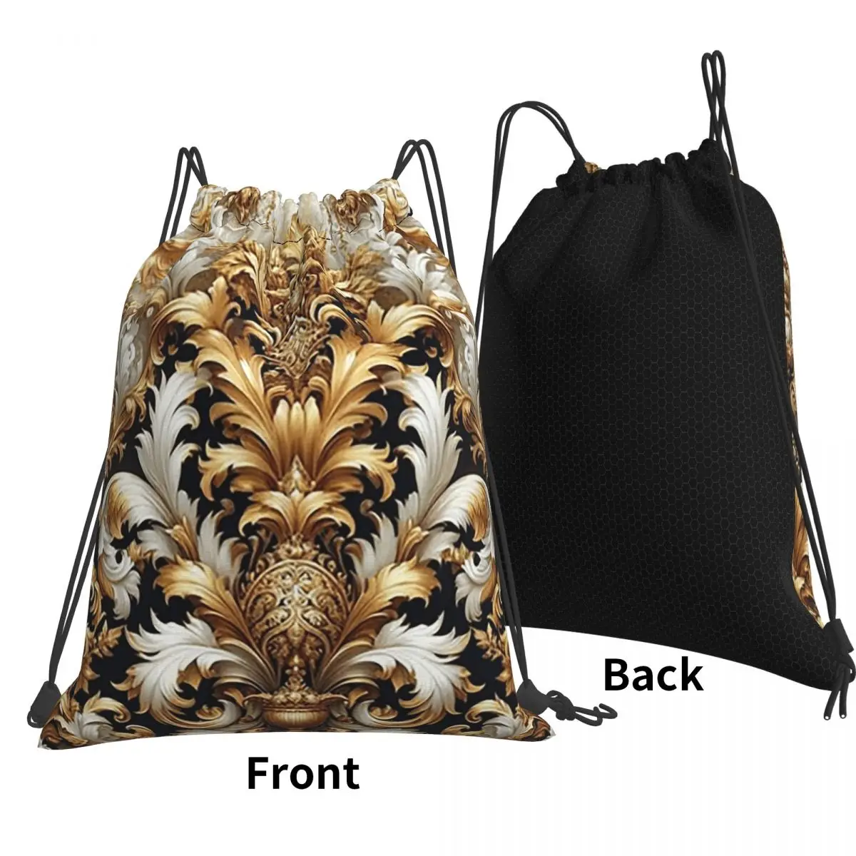 White, Black And Gold Baroque Backpacks Fashion Drawstring Bundle Pocket Sports Bag Book Bags for Travel School
