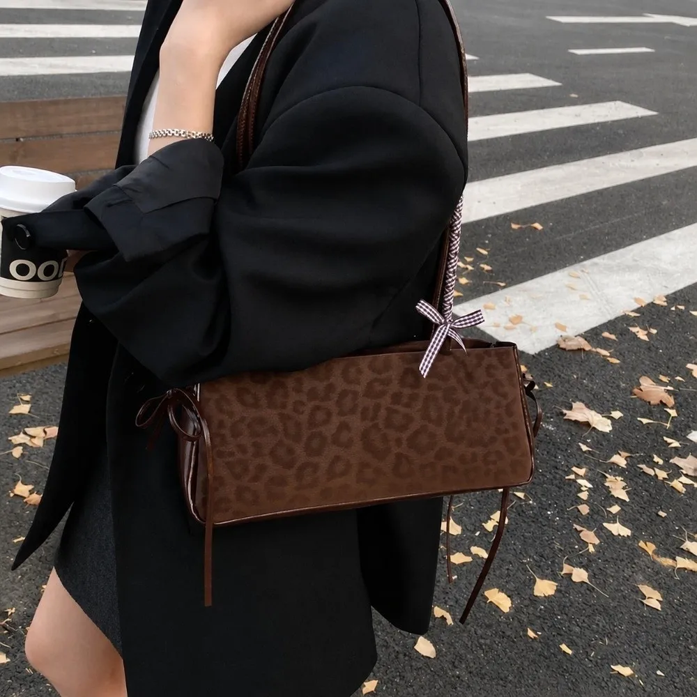 Vintage Solid Color Women's Handbag with Knot Leopard Print Shoulder Bag Large Capacity Underarm Bag
