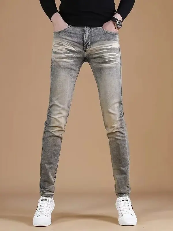 

Retro Waed Slim Fit Men's Jeans Casual Spring Autumn Elastic Cotton Denim Pants Youth Trendy Long Trousers Wear Resistant