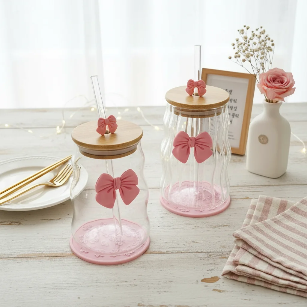 

Bow Knot Striped Glass Cup With Lid And Straw Clear Juice Milk Cup Good Looking Cup For Girls Home Office Valentine S Day Gift