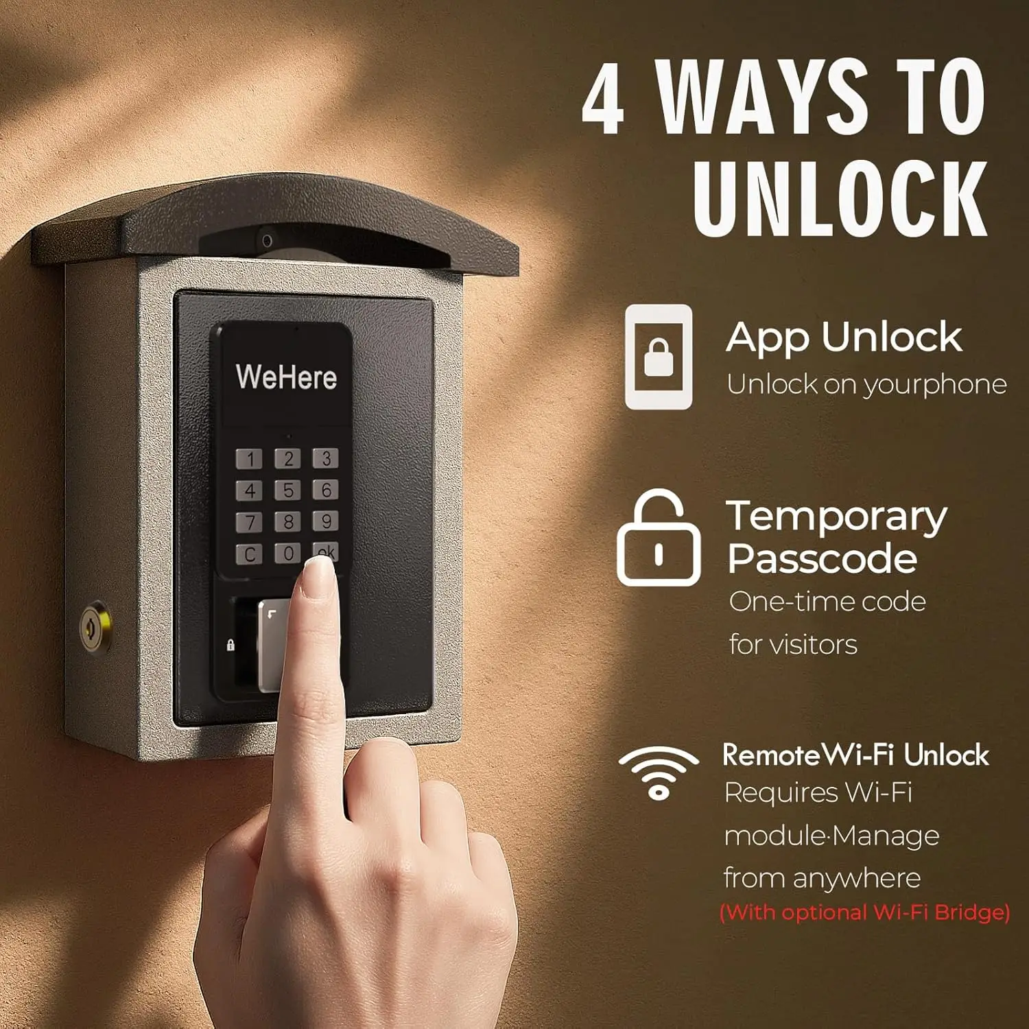 WeHere Smart Lock Box Wall Mount with Key Drop Slot, OTP/APP Bluetooth/Wi-Fi/Fixed Code Unlock, Key Safe Box for House Outside