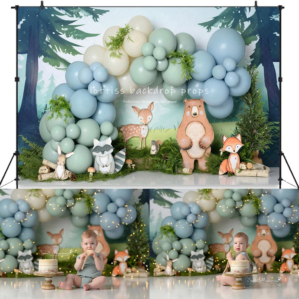 Forest Meadow With Woodland Backdrops Kids Baby Birthday Cake Smash Photocall Child Adult Balloons Jungle Animals Backgrounds