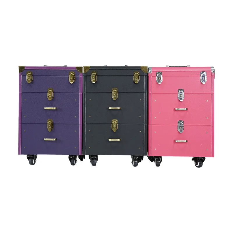 Professional modern rolling salon cosmetic trolley case with 4-wheel lockable design, PVC material, large capacity drawer