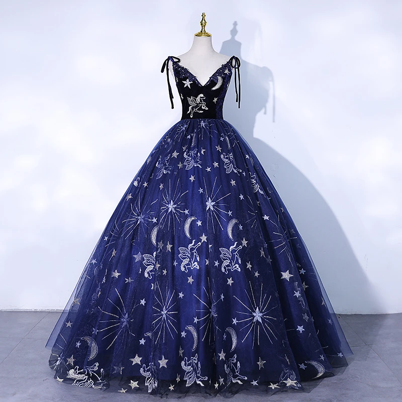 

Navy Blue V-Neck Evening Dress Elegant Appliques Ball Gown Sleeveless Lace Up Floor-Length New Party Formal Dresses Woman B1441