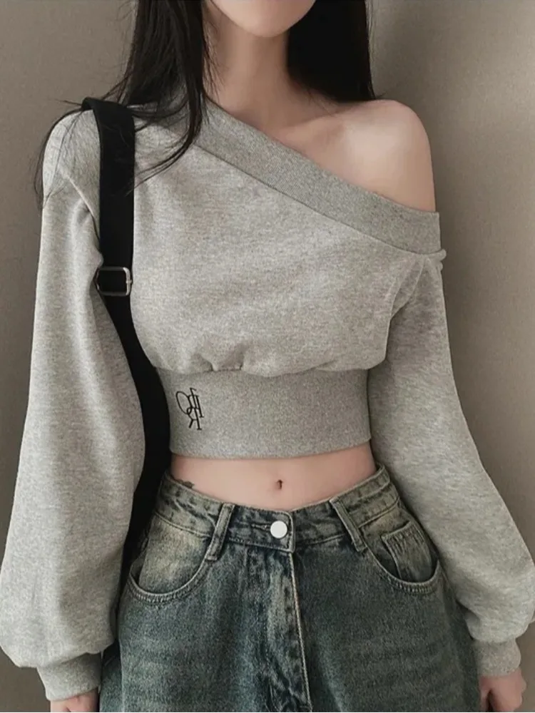 

Chic Autumn ort Svel Hoodie Women's Sle Commute Diagonal Collar oulder Slimming Versatile Long Sve Swe...
