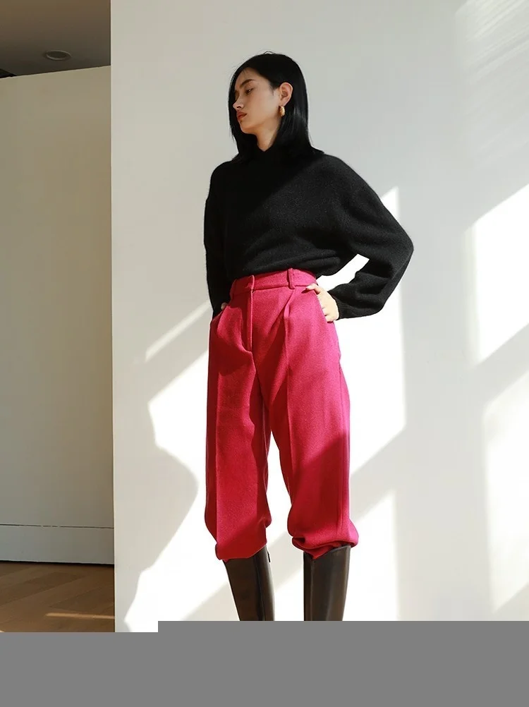 

Брюки с высокой талией из шерстяной смеси, зауженные, расклешенные, повседневные, асимметричного дизайна, для офиса, с эффектом удлинения ног, цвет лимонный, модель Chen Leg Lengthening Item