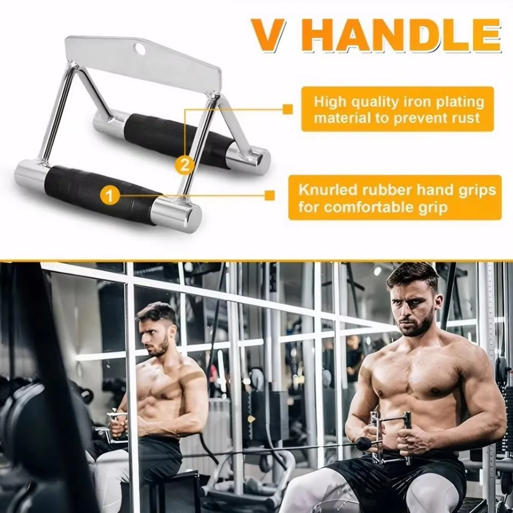 V Shape Bar Lat Pull Down Attachment Anti-slip Rubber Cover Double D Row Handle Power Lifting Cable Crossover