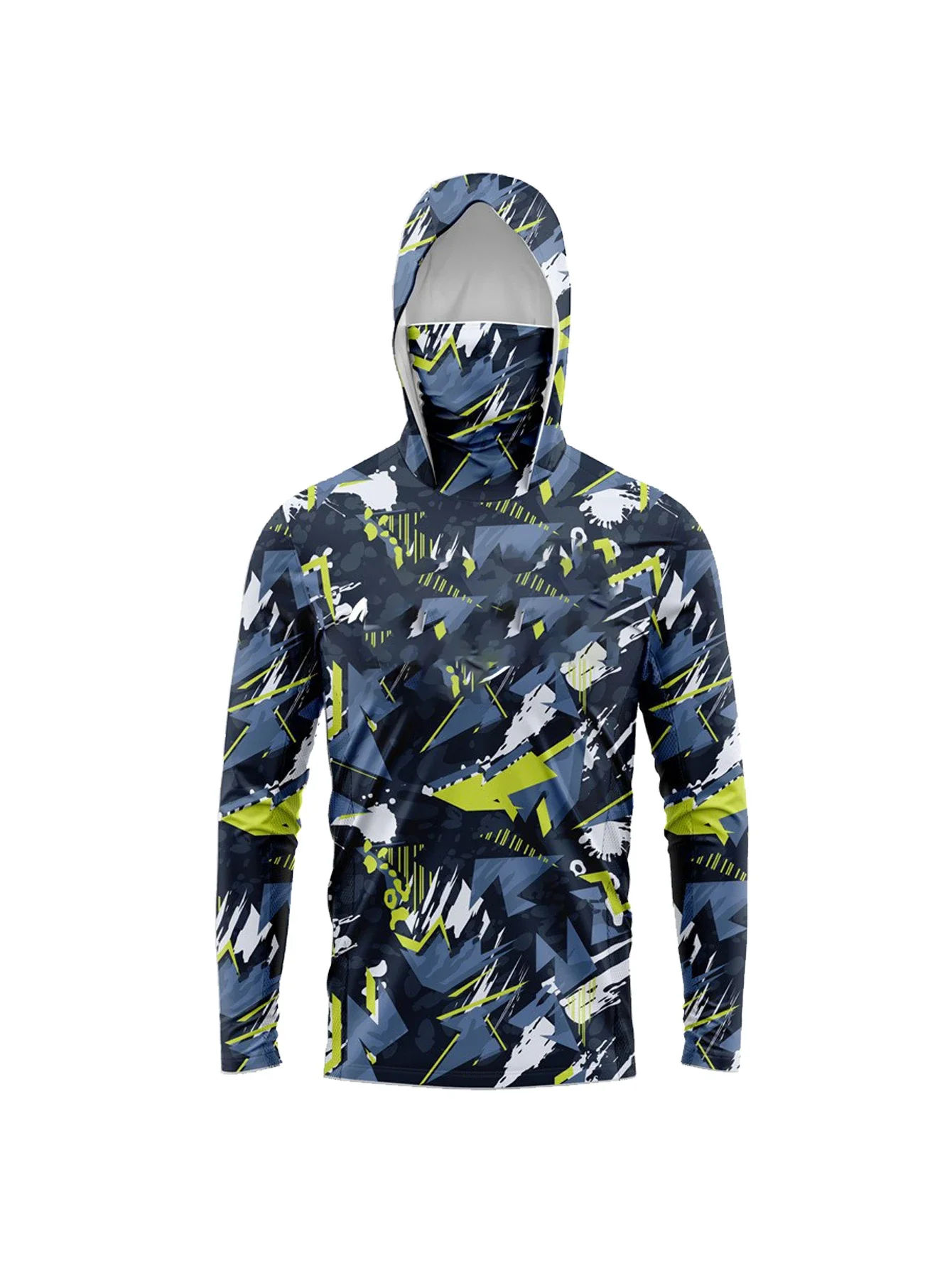 Dark Cyan Terrain Line Camo Men Fishing Hooded Shirt Built-in Face Cover UPF50+ Sun Protection Quick-Dry Long Sleeve Tops