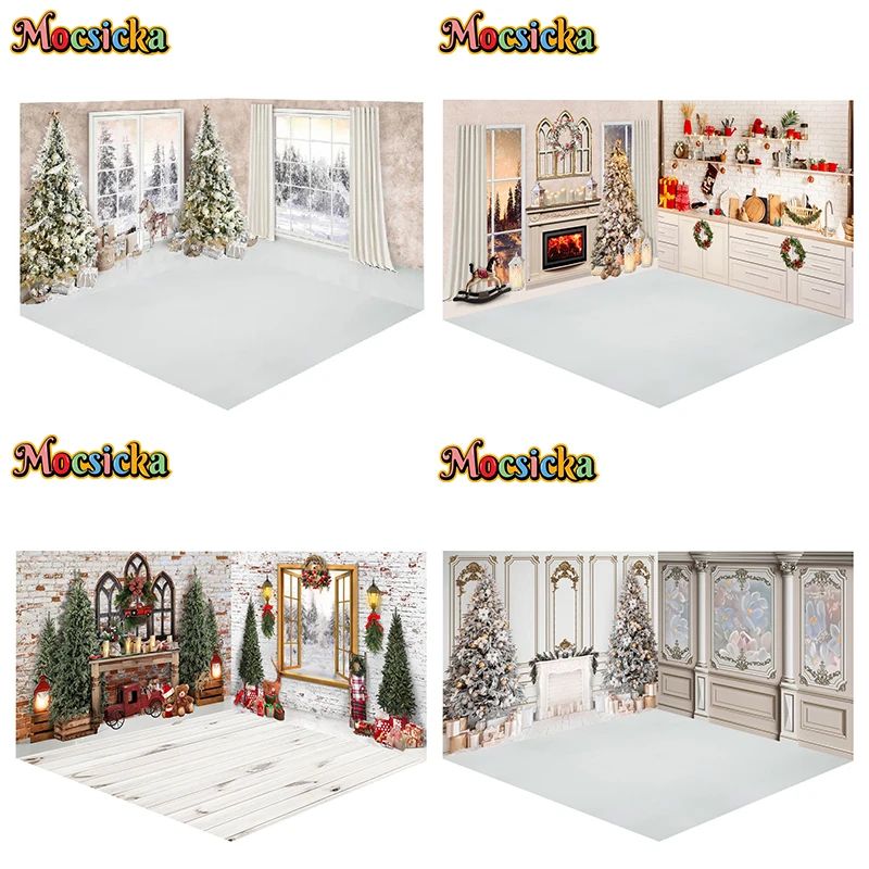 Mocsicka Christmas Home Background Photography Xmas Tree Fireplace Snow Decor Kid Family Portrait Photo  Studio Banner