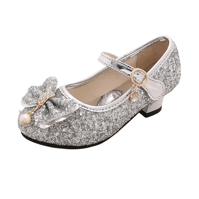 Nuove scarpe per bambini Sandali da ballo principessa con tacco alto per ragazze Scarpe per bambini Glitter in morbida pelle Moda Abito da festa