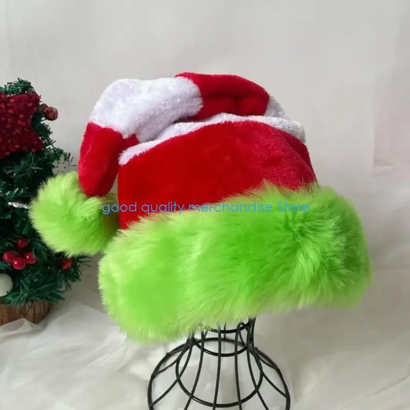 Y5JD Furry Plush Striped Santa Hats for Christmas Party All Age Festival Santa Caps Family Gathering Headwear for Parent Kids