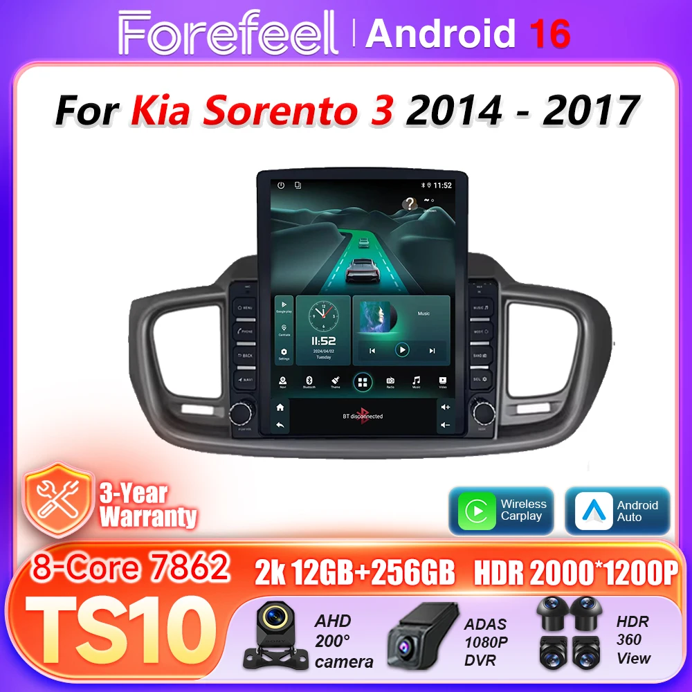 Android16 Auto Car Radio For Kia Sorento 3 2014 2015 2016 2017 Carplay BT 5G Wifi Video Multimedia Player GPS Navigation Stereo