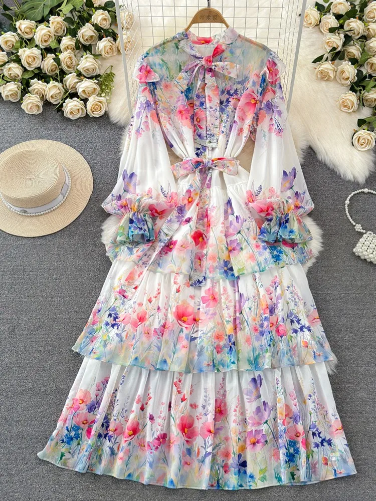 

2024 Fashion Vintage Ruffled Edge Long Party Dress Women Printed Floral Dresses Female Elegant Skirt Robe Casual Holiday Vestido