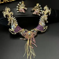 Vintage Circus Double Horse Necklace Earrings European and American Niche Heart Shaped Tassel Jewelry Set For Women