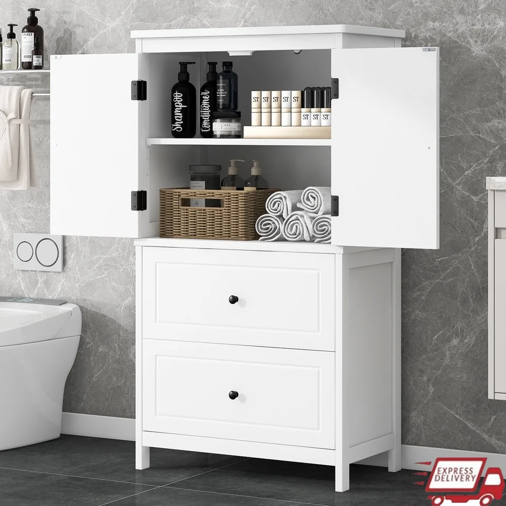 Freestanding Bathroom Storage Cabinet with 2 Drawers 2 Doors Adjustable Shelf Waterproof MDF Easy Clean Anti-Tipping Design