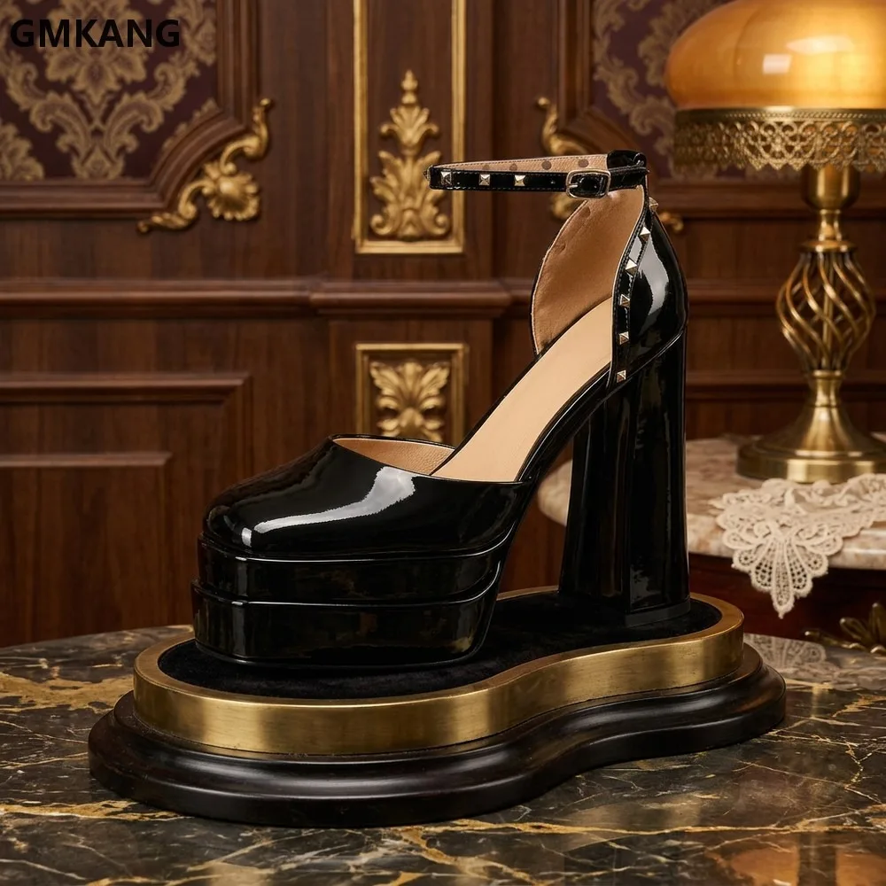 

GMKANG Women's Black Patent Leather Platform Sandals Square Toe High Heel Hollow Rivet Buckle Summer Beach Party Dress Shoes