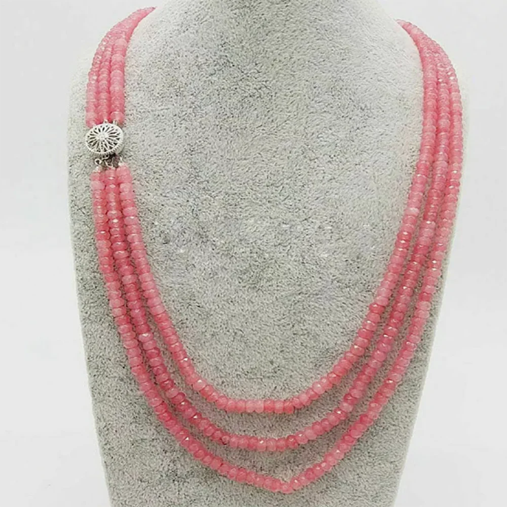 Women's 3Rows 2x4mm Natural Pink Jade Faceted Gems Beads Necklace 18-20''