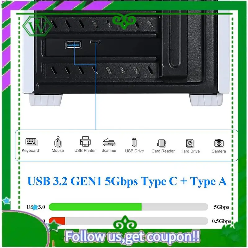 ABIK-PCI-E 1X para USB 3.2 Gen1 USB3.2 Tipo-C Placa adaptadora frontal 2 portas (Tipo C + Tipo A) Placa de expansão