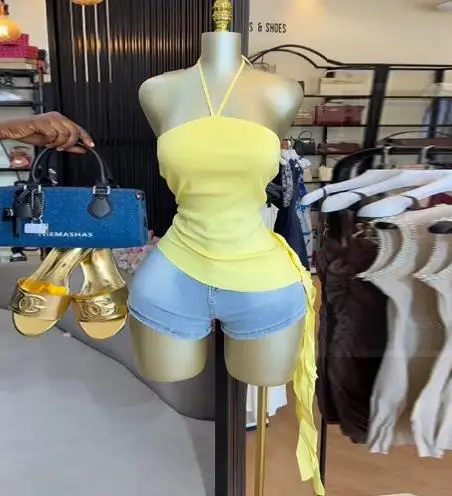 

Summer New Solid Color Sweet and Fresh Women's Sexy Hanging Neck Backless Irregular Ribbon Splicing Sleeveless Suspender Top