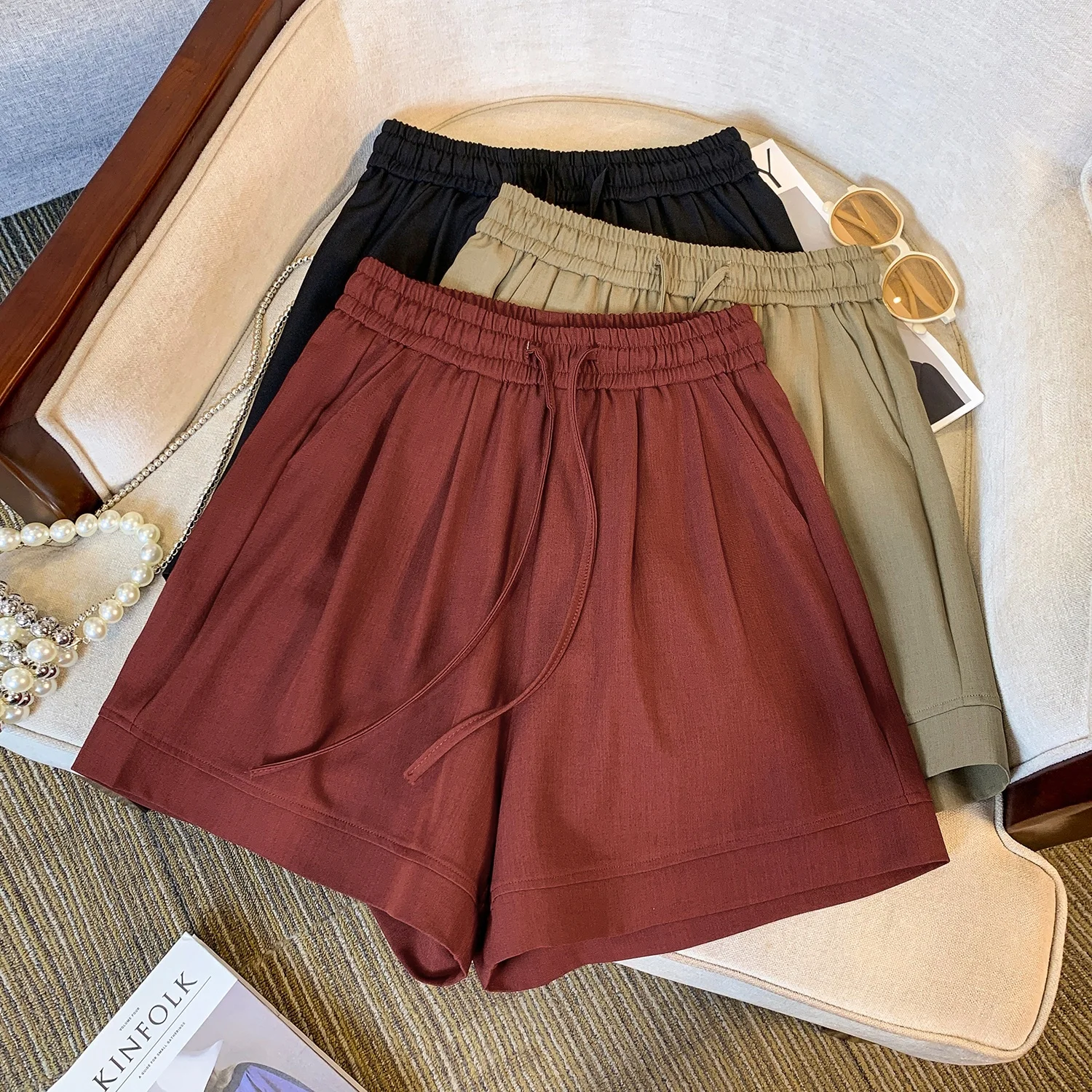 

plus Size Women's Casual Pants Thin Suit Wide Leg Short Shorts Summer New Style Commute Style Natural Waist Polyester Fiber